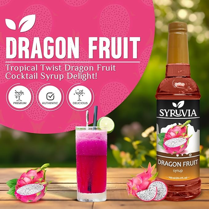 Syruvia Dragon Fruit Syrup, Flavored Syrup for Drinks, Cocktails, Lemonades, Iced Teas, and Desserts – 25.4 fl oz
