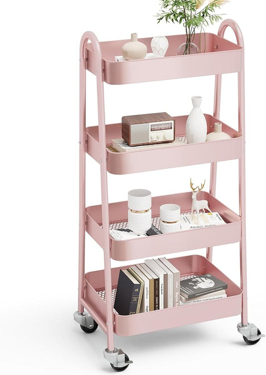OLIXIS 4 Tier Utility Rolling Cart, Metal Mobile Storage Shelf with Lockable Caster Wheels, Organization for Livingroom, Bathroom & Narrow Places, 4-Tier Pink