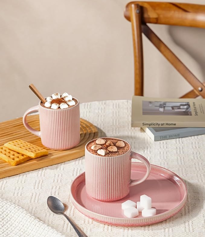 GBhome Coffee Mugs Set for 6, 12oz Coffee Cups with Handle for Man,Woman,Dad,Mom, Stoneware Mugs Sets for Coffee, Latte,Tea, Hot Cocoa, Milk, Dishwasher&Microwave Safe,Pink