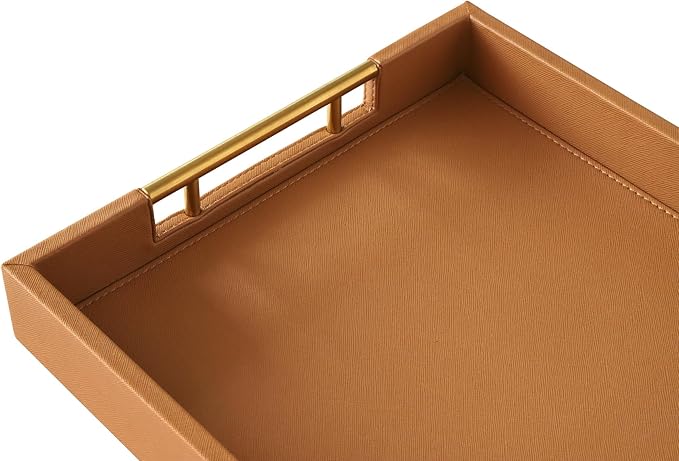 HofferRuffer Faux Leather Serving Tray with Gold Metal Handles, Stylish Decorative Tray Organizer for Coffee Table, Ottoman, Home Decor and Serving (Camel, 16.2" x 12.2" x 2")