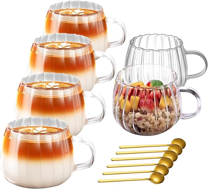 Viovian 12oz Clear Glass Coffee Mugs Set of 6 Ribbed Coffee Cups With Handles Modern Cute Glass Tea Mug Cup for Hot Beverage/Cappuccino/Latte/Cereal/Yogurt/Mocha/Milk