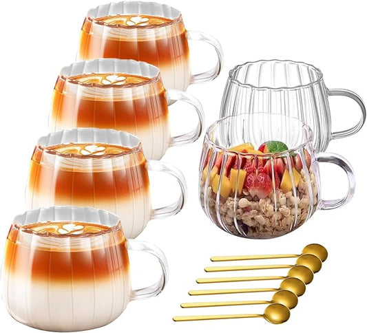 Viovian 12oz Clear Glass Coffee Mugs Set of 6 Ribbed Coffee Cups With Handles Modern Cute Glass Tea Mug Cup for Hot Beverage/Cappuccino/Latte/Cereal/Yogurt/Mocha/Milk