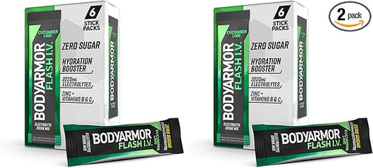 BODYARMOR Flash IV Electrolyte Packets, Cucumber Lime - Zero Sugar Drink Mix, Single Serve Packs, Coconut Water Powder (6 Count) (Pack of 2)