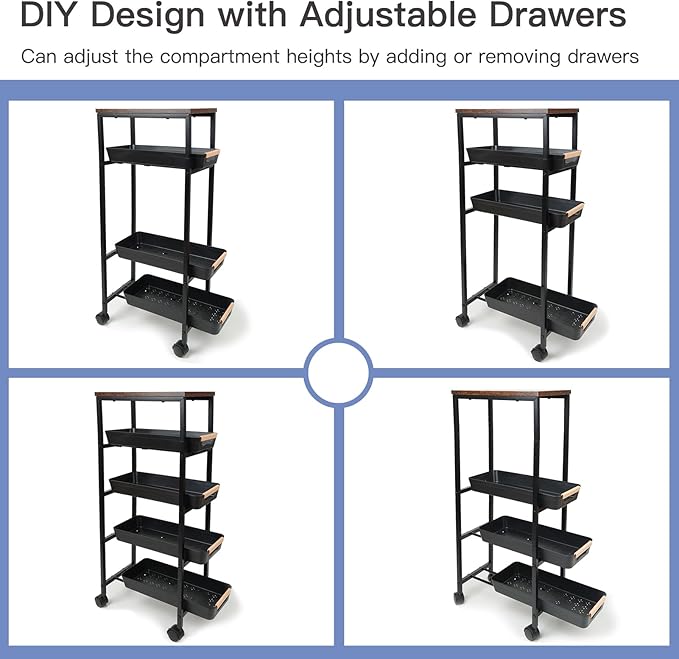 5 Tier Slim Rolling Storage Cart with Wood Top, Narrow Laundry Room Organizer for Tight Gaps, Metal Bathroom Gap Filler, Kitchen Pantry Trolley, Small Spaces (Black)