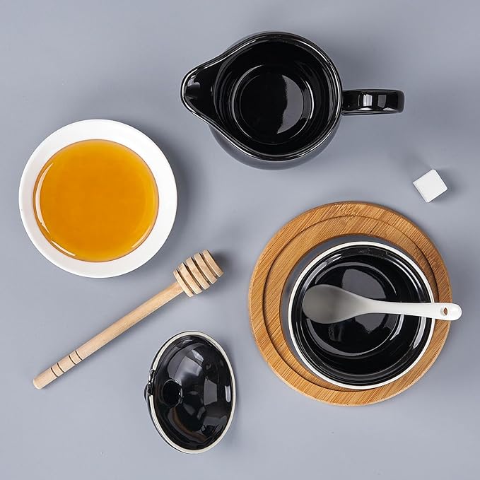 12 OZ Ceramic Sugar and Creamer Set, Coffee Serving Set, 3 Piece Cream Pitcher Sugar Bowl with Lid and Spoon (Black)