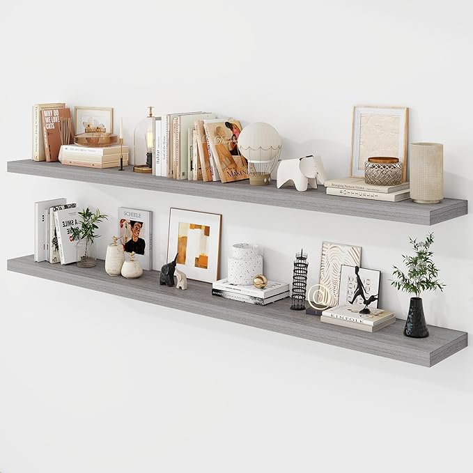 72 Inch Floating Shelves, 9.3" Deep Floating Shelf Wall Mounted, 72" Wall Shelves, Rustic Deep Bookshelf, Large Display Shelves & Storage Shelves for Bedroom, Living Room, Grey, Set of 2