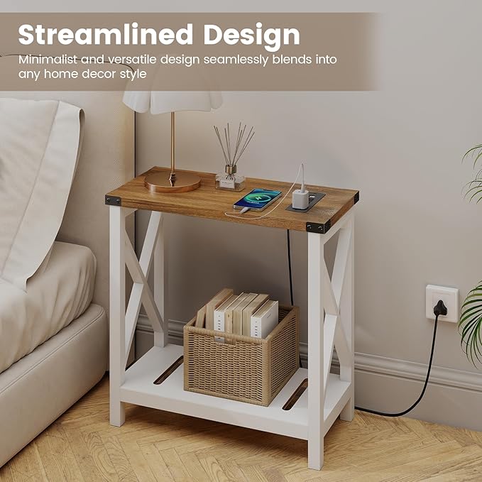 Hadulcet Farmhouse Side Table with Storage Shelf - Narrow End Table with Charging Station, Slim End Tables Living Room, Rustic X-Design Nightstand for Bedroom, Small Space, White & Brown