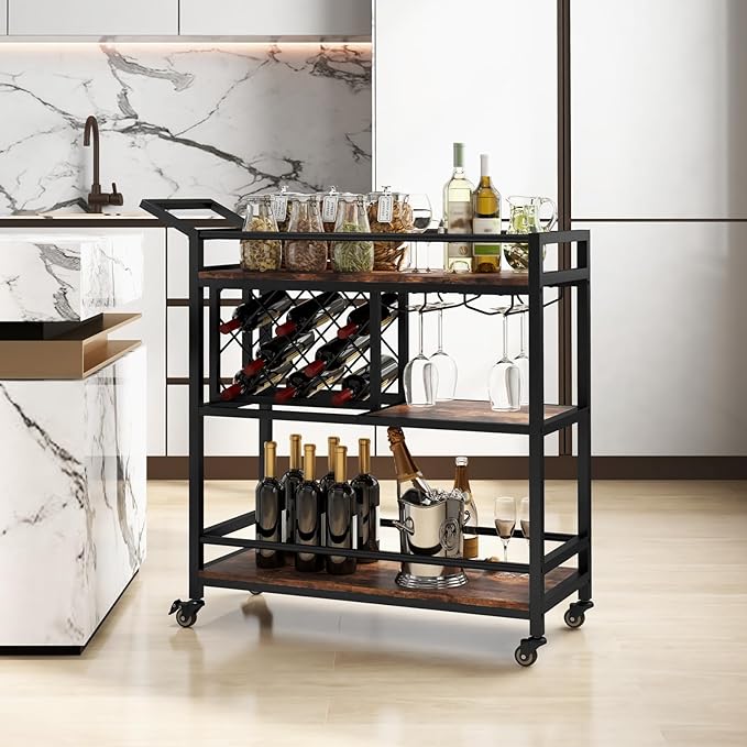 Giantex Bar Cart, 3 Tier Serving Cart for Home, 8 Wine Bottles Rack, Glass Holder, Industrial Mobile Kitchen Cart with Lockable Wheels and Handle, Storage Shelves for Drink Beverage