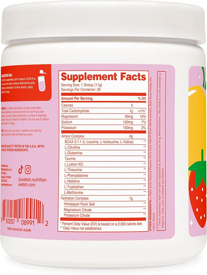 Wellah So Long Soreness BCAA Powder (Strawberry Mango Flavored) 30 Servings - with Hydration Complex
