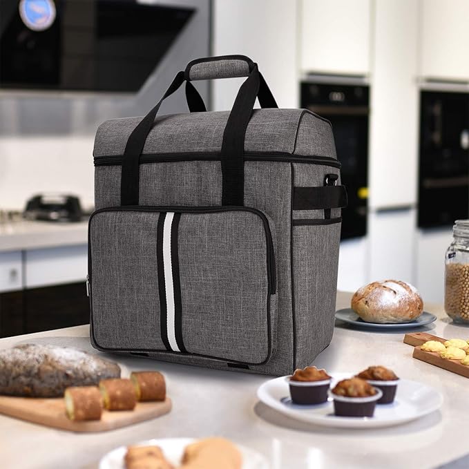 BAGLHER Heavy Duty Kitchen Mixer Cover for 6-8 Quart Stand Mixers, 2-in-1 Shoulder & Hand Carrying Case with Accessory Pockets (15”x10.5”x17”, Grey)