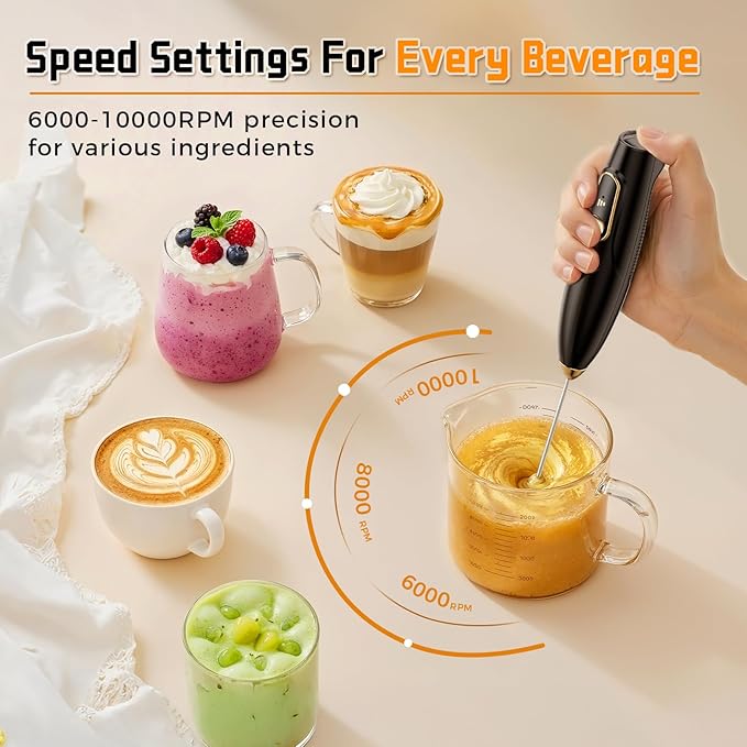 Rechargeable Milk Frother Wand with Stand, Electric Handheld Coffee Frother with 3 Detachable Whisks, Travel Milk Foamer for Protein Powder, Drinks, Espumador de Leche Electrico