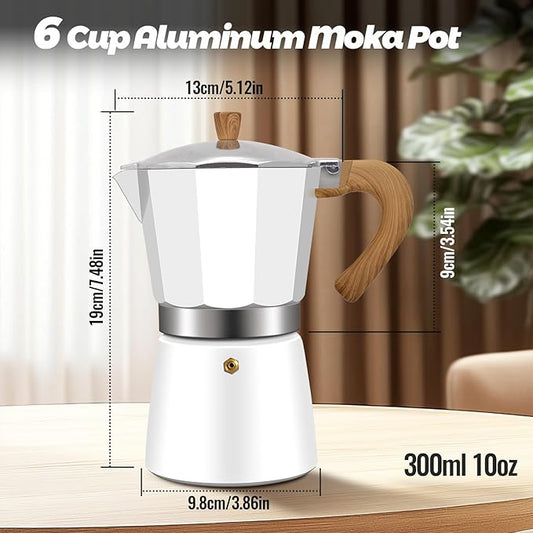 Vaolvpant 6 Cup Aluminum Moka Pot Classic Stovetop Espresso Coffee Maker 300ml 10oz Coffeemaker Percolator Mocha Express Preferred Cafe Makers for Italian and Cuban Café Brewing White