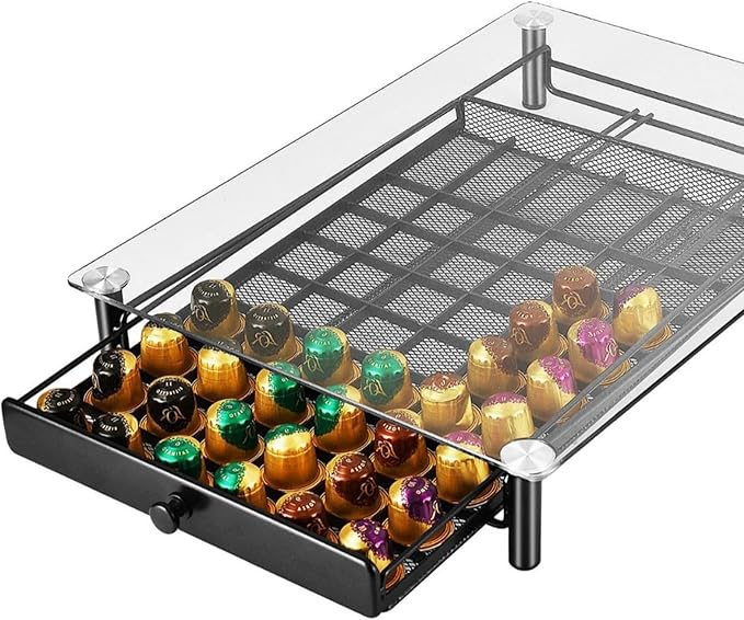 Metal Frame Glass Coffee Pods Organiser Drawer Large Capacity Espresso Storage Drawer for Kitchen or Office Rusts Coffee Holder for Kitchen