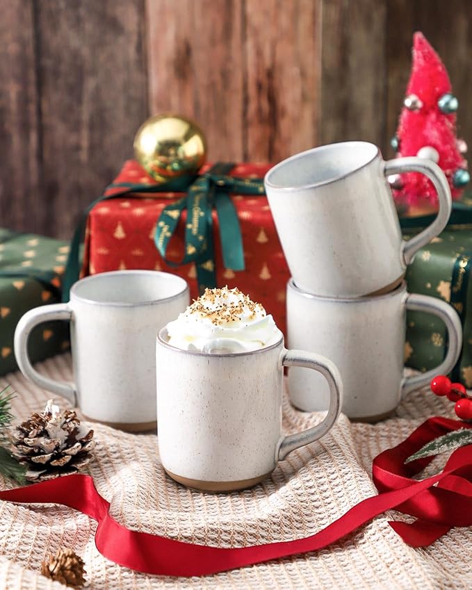 HASENSE Coffee Cups Ceramic 12 OZ with Hanldes, Coffee Mugs Set of 4 for Tea, Cocoa, Milk, Latte and Cappuccino, Porcelain Coffee Cups with Speckled Patterns for Man Woman, Bluish White