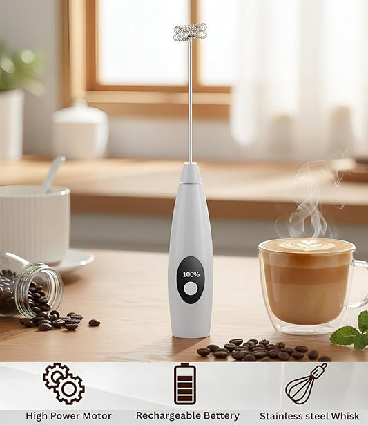 Digital Display Rechargeable Milk Frother Handheld, Frother Wand Mixer with Battery and Speed Indicator for Coffee, Latte, Cappuccino, Frappe Drink, Hot Chocolate White