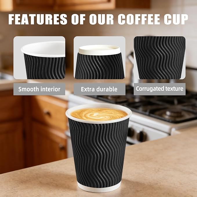 BYSNOW 100 Pack 8 oz Coffee Cups with Lids, Disposable Insulated Hot Cups To Go Paper Coffee Cups, Corrugated Ripple Wall Cup for Hot Drink, Office, Coffee Bar (Black 8 oz)