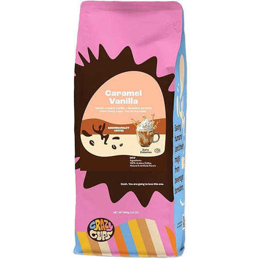 Crazy Cups Flavored Ground Coffee, Caramel Vanilla, in 10 oz Bag, For Brewing Flavored Hot or Iced Coffee