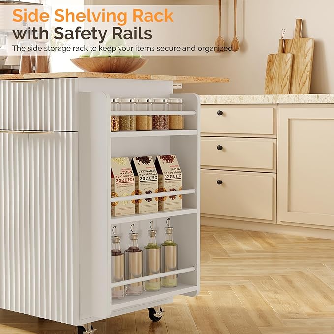 VINGLI Fluted Kitchen Island Cart on Wheels with 2 Drawers & 4 Doors, Adjustable Shelves, Towel Rack & Safety Bar Storage, Small Portable Rolling Kitchen Island, White