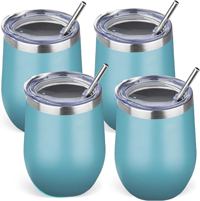 12oz/4 Pack Stainless Steel Wine Tumbler with Lid and Straw, Double Wall Vacuum Insulated Wine Tumbler Glasses, Stemless Travel Mugs for Hot and Cold Drinks, Coffee, Wine, Cocktails (Maya Blue)