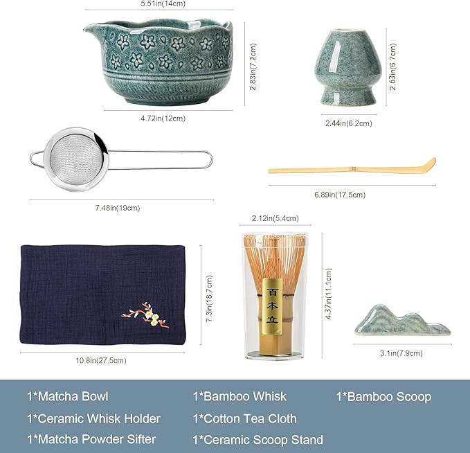 Matcha Whisk Set, 7 Pcs Matcha Kit Includes Ceramic Blue Matcha Bowl, Whisk and Holder, Bamboo Scoop, Scoop Stand, Sifter, and Tea Towel - Traditional Tea Ceremony Accessory Set for Matcha Lovers