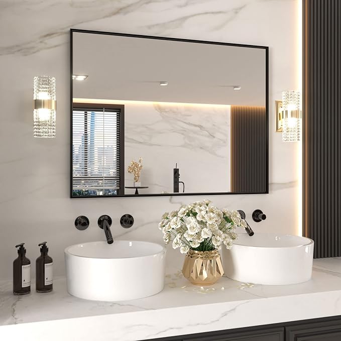 LOAAO 48"X32" Black Rectangle Bathroom Mirror Wall, Matte Black Aluminum Alloy Frame, Tempered Glass, Hangs Vertically or Horizontally, Easy to Install