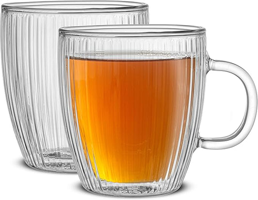 JoyJolt Fluted Glass Coffee Mugs, Double Wall 13.5oz Clear Glass Coffee Mug Set of 2. Latte Glasses, Glass Cappuccino Mugs, Ribbed Mugs