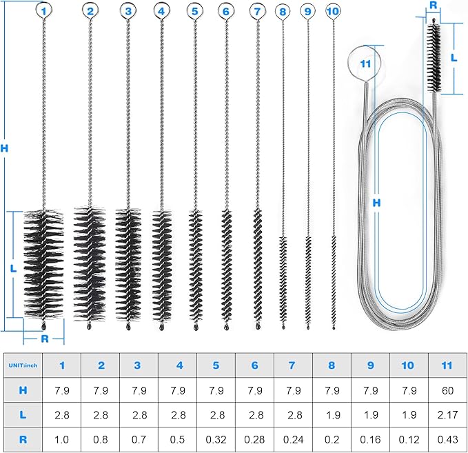 Cleaning Brushes Set, 10 Pieces 8 Inch Nylon Tube Brush + 60 Inch Flexible Long Drain Brush, Hose Pipe Brush, Suitable for Home Kitchen, Bathroom, Fish Tank, Water Pump Accessories (Black)