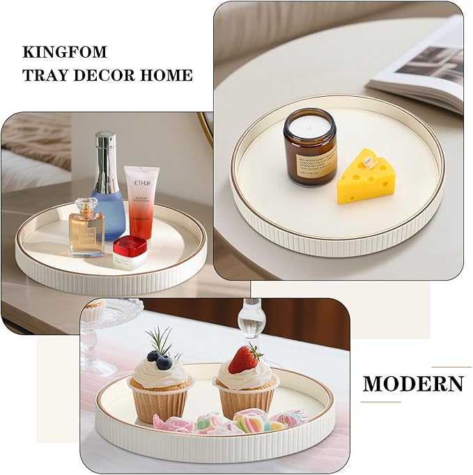 KINGFOM Round Decorative Tray, PU Leather Vanity Tray Organizer with Gold Trim for Dresser, Coffee Table & Bathroom Counter, Modern Home Decor Jewelry & Perfume Tray for Men Women (Ivory White)