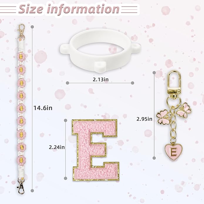 Compatible with Owala Water Bottle Accessories, Cute Letter Charm Set with Boho Handle Strap, Monogram Sticker, Silicone Ring, Keychain Decoration, for FreeSip 24 32 40oz, Owala Kids, Tumbler Gift