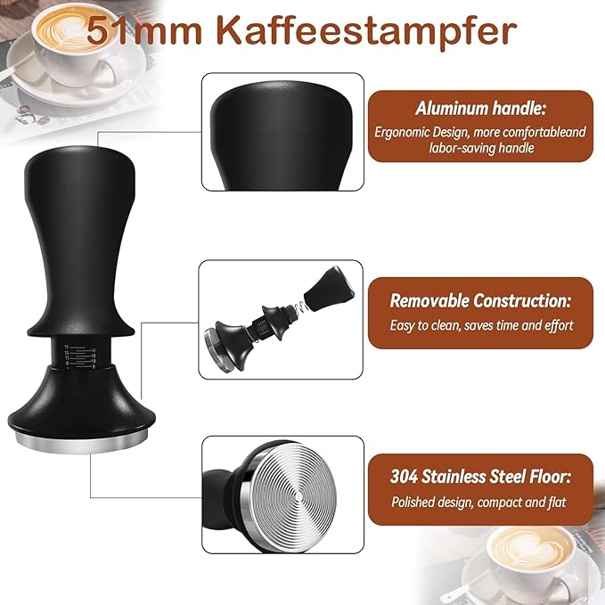 51mm Espresso Tamper, Premium Calibrated Spring Loaded Tamper, Flat Stainless Steel Base Espresso Tamper 51mm, Espresso Coffee Tamper for Barista Home Coffee Accessories