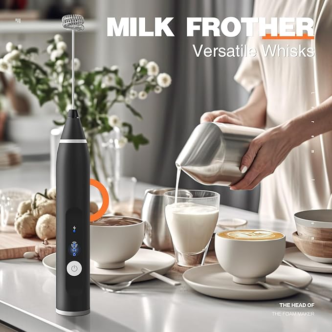 Milk Frother Rechargeable Handheld Electric Whisk Coffee Frother Mixer with 2 Stainless Whisks 3 Speed Adjustable Foam Maker Blender for Coffee Matcha Latte Cappuccino Hot Chocolate（Black）