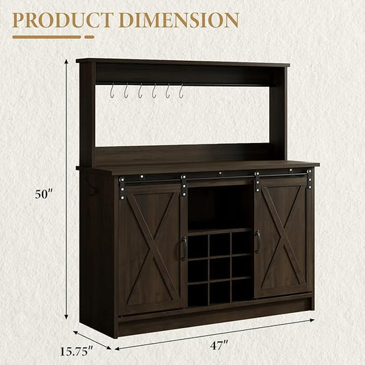 4ever2buy Farmhouse Coffee Bar Cabinet with Hutch and 6 Hooks, 47 Inch Wine Cabinet with Storage, Kitchen Buffet Cabinet with Adjustable Shelves &9 Wine Racks for Living Dining Room, Dark Oak