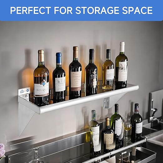ROCKPOINT Stainless Steel Shelf 18 x 48 Inches 400lb, NSF Metal Commercial Shelves Wall Mount Floating Shelving with Backsplash for Restaurant, Kitchen, Home and Hotel, Silver