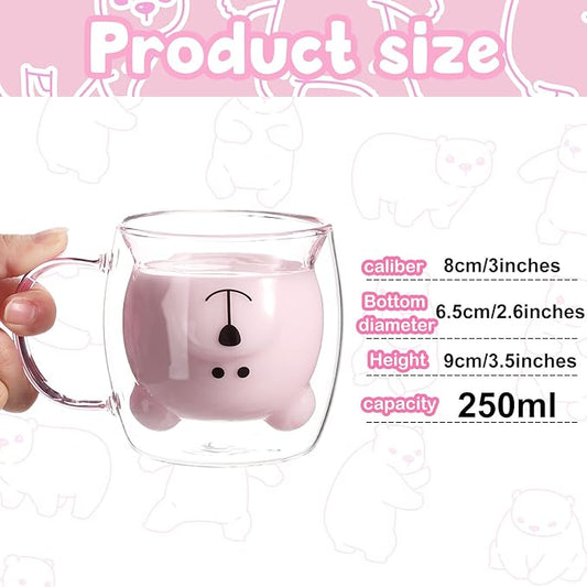 Patelai Cute Bear Tea Cup Double Wall Glass Milk Coffee Bear Mug with Handle Insulated Espresso Christmas Beer Cup Cute Birthday Gift for Women Men Valentine, 250 Ml/ 8. 4 oz(Pink, White,2 Pieces)