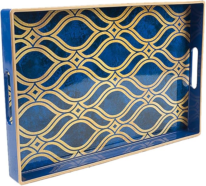 MAONAME Blue Decorative Tray with Handles, Plastic Serving Tray for Coffee Table, Marbling Rectangular Tray for Ottoman, Bathroom, Storage, 15.7" Lx 10.2" W X 1.57" H
