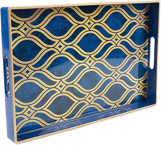 MAONAME Blue Decorative Tray with Handles, Plastic Serving Tray for Coffee Table, Marbling Rectangular Tray for Ottoman, Bathroom, Storage, 15.7" Lx 10.2" W X 1.57" H