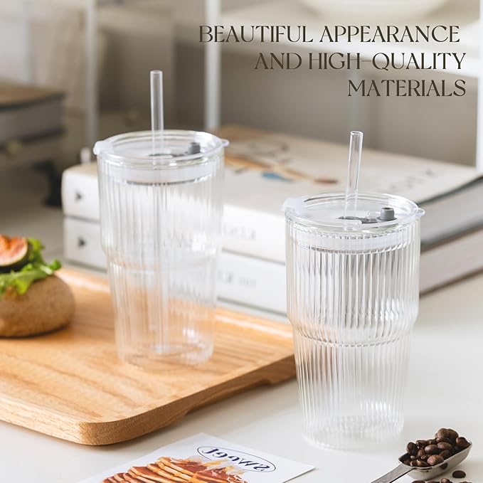 KEMORELA 16oz Ribbed Glass tumbler with Lids and Straws 2pcs,Double Wall Iced Coffee Cups with Lids,Coffee Bar Accessories, Insulated Borosilicate Glass Tumblers, To Go Coffee Cups, Spill proof