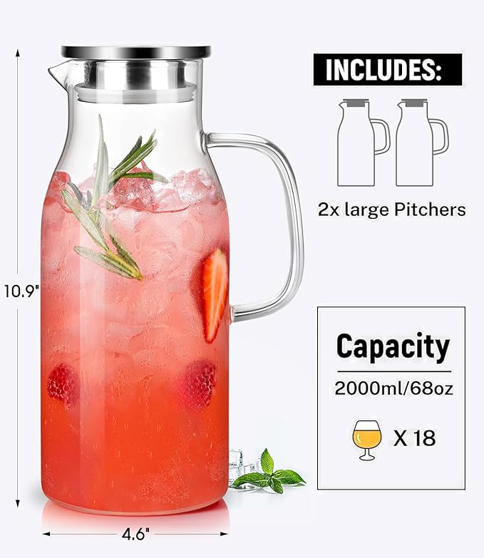 LUNA&MANTHA 2 Pack 2 Liter 68 oz Glass Pitcher with Lid and Handle, Water Pitcher for Fridge, Large Ice Tea Jug for Hot/Cold Drinks, Thick Borosilicate Glass Carafe for Coffee, Juice, Sangria