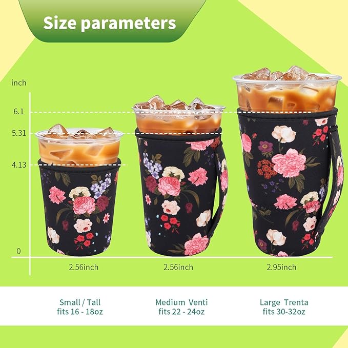 3 Pack Iced Coffee sleeve Insulated Neoprene Cup Sleeves with handle For Cold Drinks Beverages, Reusable Cup Holder for 16oz-32oz Coffee Cups (Vivid Flowers)