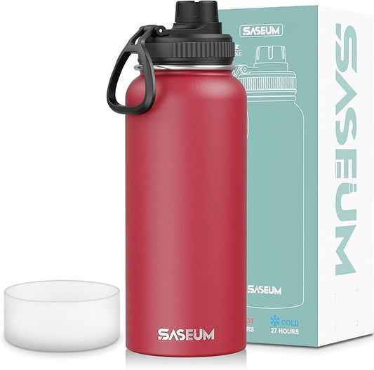 SASEUM Sport Water Bottle 32oz Stainless Steel Double Wall Vacuum Thermal Mug with Leak Proof Spout Lids, Wide Mouth Metal Insulated Water Jug for Gym and Travel（Red）
