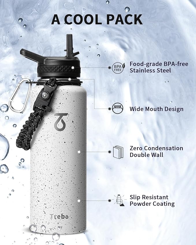 Trebo Water Bottle 40oz with Paracord Handle, Half Gallon Large Vacuum Double Wall Stainless Steel Insulated Water Jug with Holder Strap Straw Spout Lids, Leakproof Keep Cold & Hot,Starry White