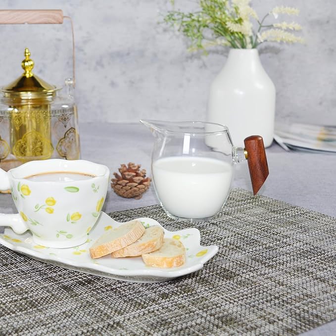 Small Glass Creamer Pitcher Set of 2, Elegant Spherical Transparent Creamer Pitcher for Coffee, Milk, Tea, 12 oz Milk Frothing Cup Creamer Jug for Coffee shop, Home and Kitchen, Wooden handle