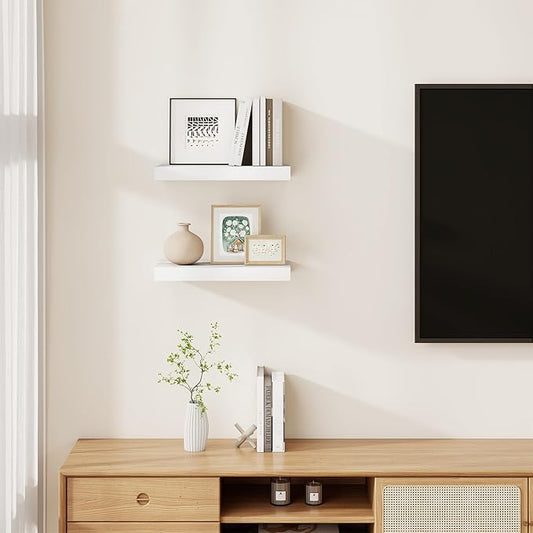 Floating Shelves for Wall, Real Wood Floating Shelf Set of 2, 8 Inch Deep Floating Shelves, Rustic Wood Wall Shelf for Home Decor, Deep Storage Shelves for Bathroom, Kitchen, 16"W x 8"D, White Color