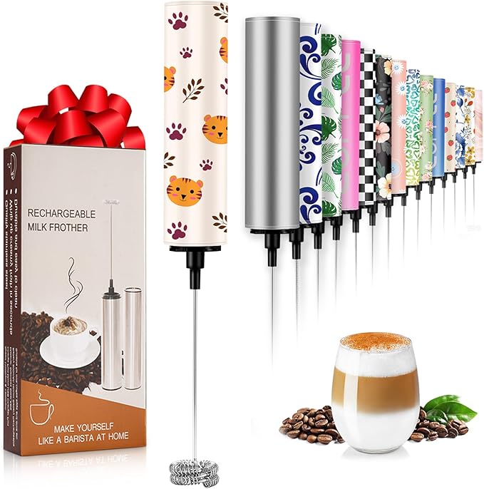 Milk Frother Handheld Rechargeable - 2-Speed Electric Whisk with 5 Detachable Heads (Frother/Mixer/Whisk) for Coffee, Latte, Cappuccino & Matcha, Drink Mixer (Flower 3)