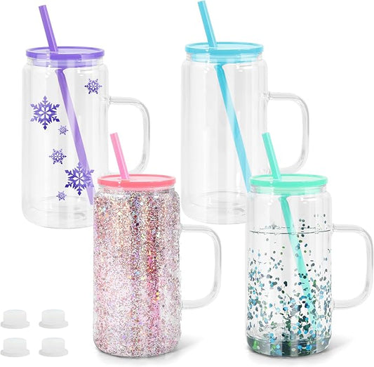16oz Sublimation Snowglobe Cups with Handle, 4 Pack Pre-Drilled Sublimation Glass Cup with Lid and Straw, Double Wall Glass Coffee Mug, Snowglobe Cup Gifts for Snow Globe DIY Glitter, Colored Lids