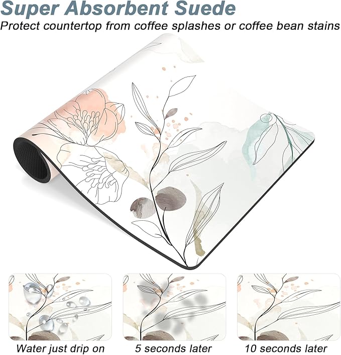 Rnivvi Coffee Mat, 12" x 19" Cute Coffee Bar Mats for Espresso Machine Station Accessories and Organizer, Hide Stain Rubber Backed Absorbent Dish Drying Pad for Kitchen Counter, Watercolor Flowers