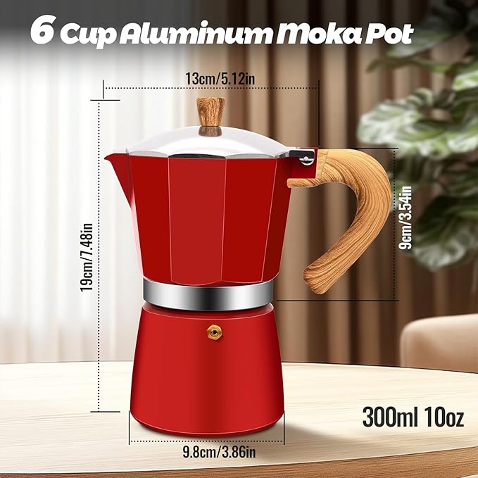 Vaolvpant 6 Cup Aluminum Moka Pot Classic Stovetop Espresso Coffee Maker 300ml 10oz Coffeemaker Percolator Mocha Pot Greca Coffee Maker Cafe Makers for Italian and Cuban Café Brewing Red