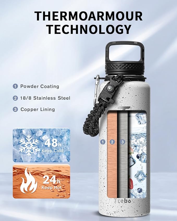 Trebo Water Bottle 40oz with Paracord Handle, Half Gallon Large Vacuum Double Wall Stainless Steel Insulated Water Jug with Holder Strap Straw Spout Lids, Leakproof Keep Cold & Hot,Starry White