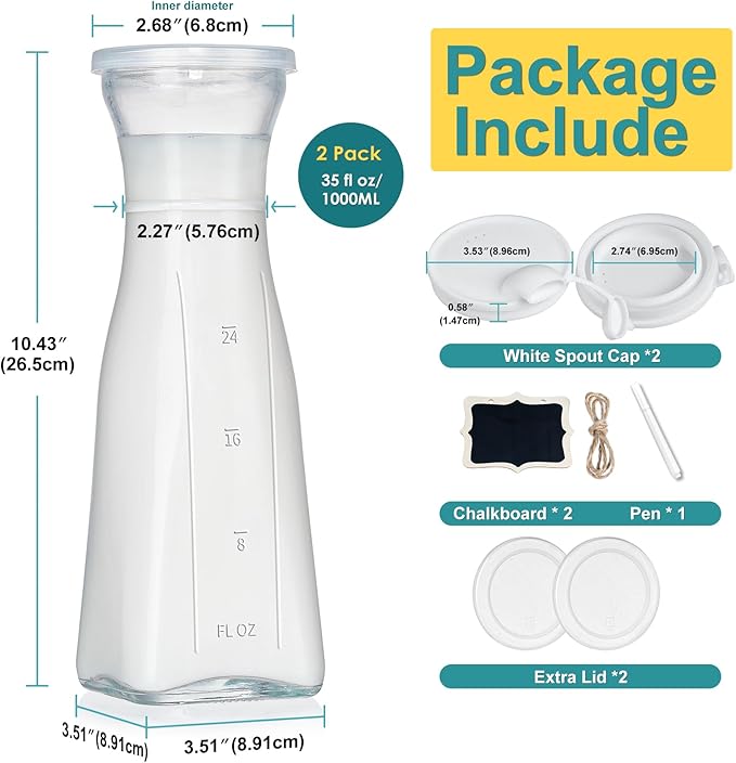 Glass Pitcher, 1 Liter Carafe for Mimosa Bar, 2 Pcs, Square Pitcher with Lid and Spout, Juice Container for Fridge, Cold Brew, Milk, Water Dispenser, Tea, Creamer, Sangria (3 Lids & 2 Spouts)