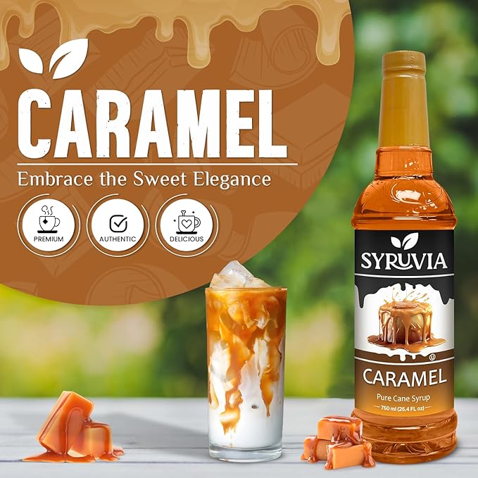 Syruvia Caramel Syrup - 25.4 fl oz. Premium Coffee Flavoring Syrup. Kosher, and Gluten-Free. Perfect for Enhancing Drinks, Sodas, Shakes, Desserts, and More With Pump (Pack of 4)